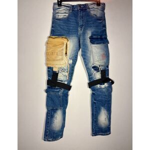 Decibel Mens Distressed Cargo Jeans Size 28x32 Strapped Biker Denim Blue
